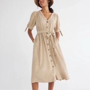 Linen Blend Button Safari Shift Front Midi Dress Tie Waist Beige M Time and Tru